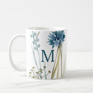 Mug Monogramme Floral Bleu clair or sur blanc