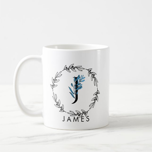 Mug Monogramme Floral Bleu - Lettre J (Gauche)