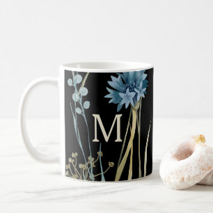 Mug Monogramme Floral Bleu Lumière Or sur Noir