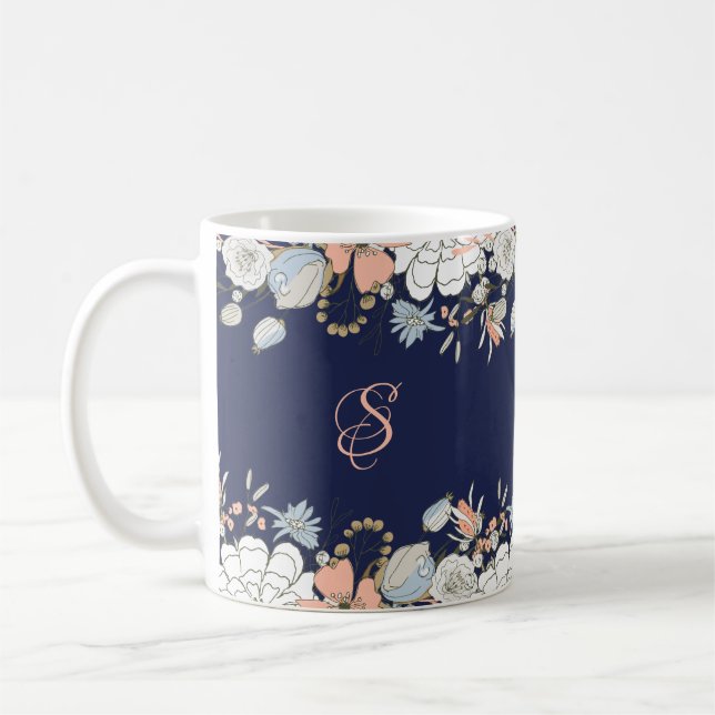 Mug Monogramme floral bleu rose bleu marine Personnali (Gauche)