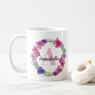 Mug Monogramme Floral bleu rose violet moderne été