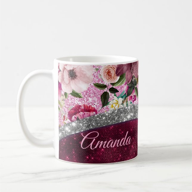 Mug monogramme floral Burgundy rose argent faux partie (Gauche)
