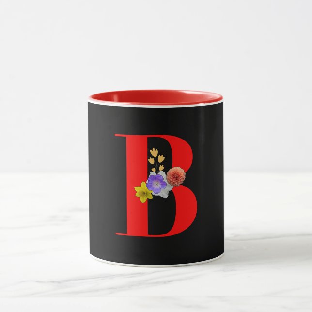 Mug Monogramme Floral Cursive A Rouge Intérieur Noir  (Centre)