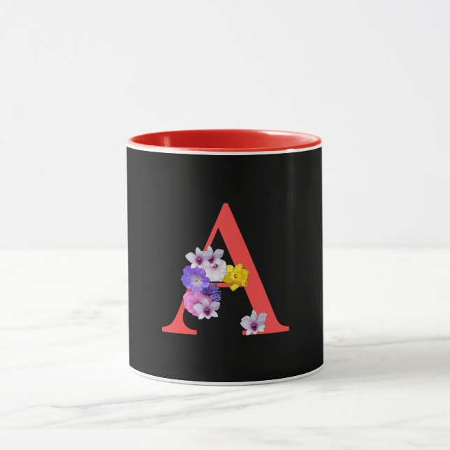 Mug Monogramme Floral Cursive A Rouge Intérieur Noir  (Centre)