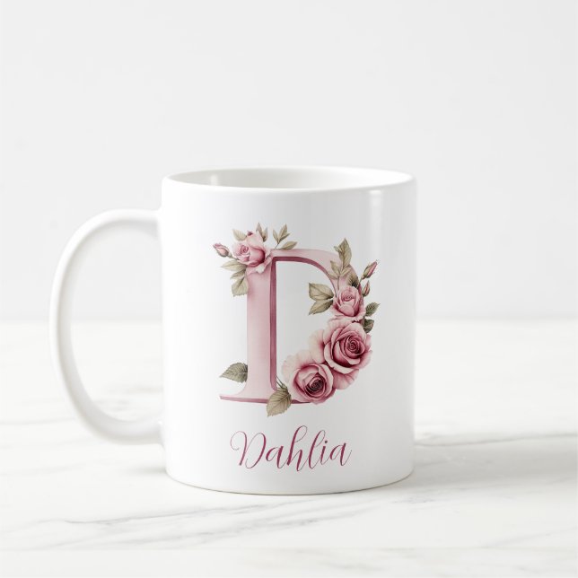 Mug Monogramme floral D personnalisé (Gauche)