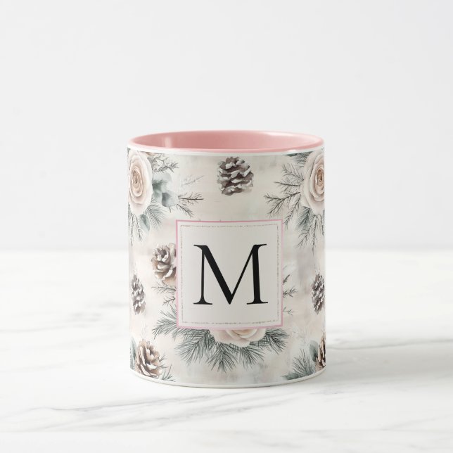 Mug Monogramme floral de cônes de pin de Noël rose ten (Centre)
