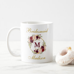 Mug Monogramme floral de demoiselle d'honneur d'or de