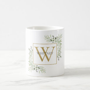 Mug Monogramme Floral de Feuillage en Or Moderne