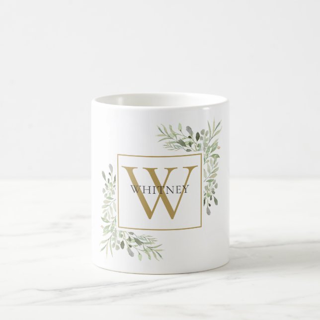 Mug Monogramme Floral de Feuillage en Or Moderne (Centre)
