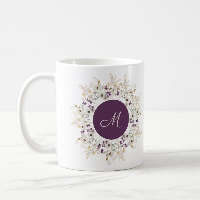 Mug Monogramme floral de fleur sauvage violette (Gauche)