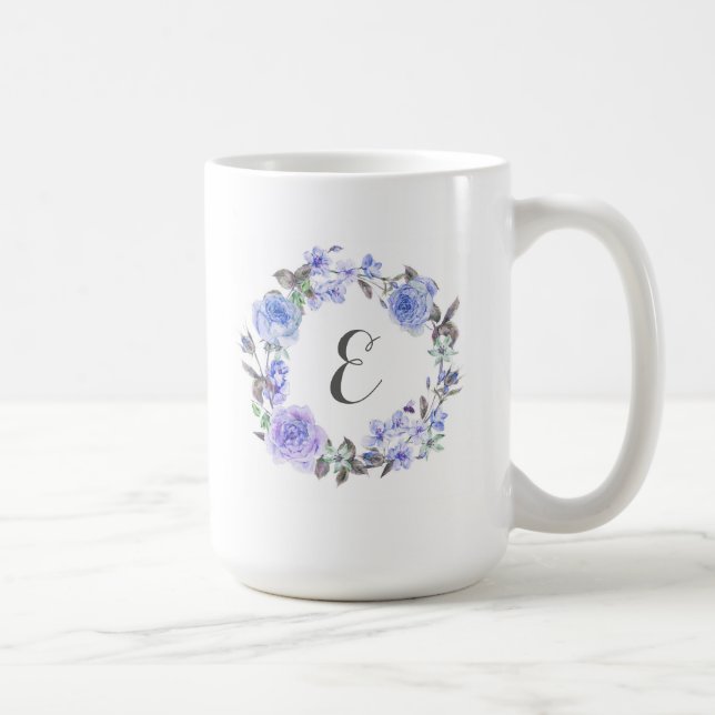 Mug Monogramme floral de l'aquarelle pourpre en pastel (Droite)