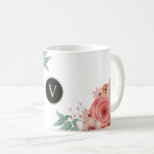 Mug Monogramme floral de rose rouge personnalisé
