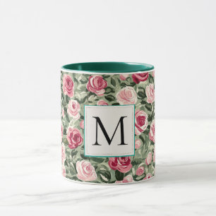 Mug Monogramme floral de roses roses vert sarcelle rom