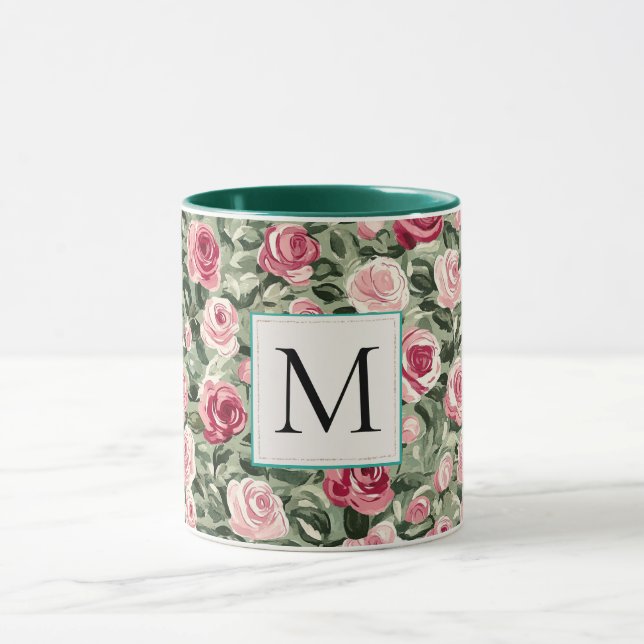 Mug Monogramme floral de roses roses vert sarcelle rom (Centre)