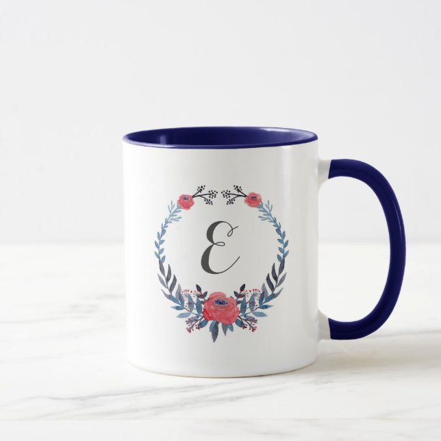 Mug Monogramme floral des roses rouges | d'aquarelle (Droite)