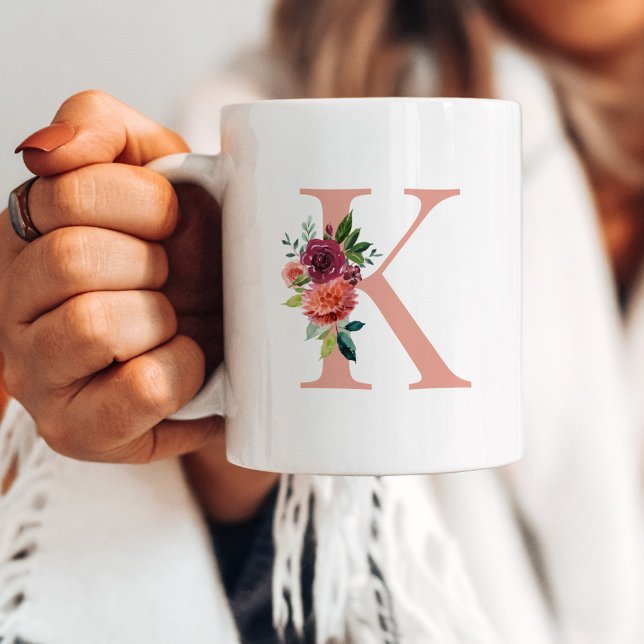 Mug Monogramme Floral Élégant Rose Bourgogne (Créateur téléchargé)