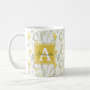 Mug Monogramme floral Fleur sauvage moderne, jaune vif