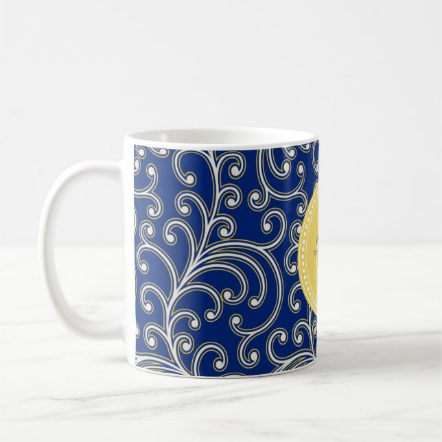 Mug Monogramme floral girly élégant de motif de bleu (Gauche)