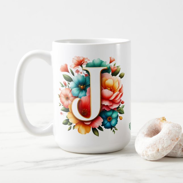 Mug Monogramme floral J avec fleurs pastel (Avec donut)