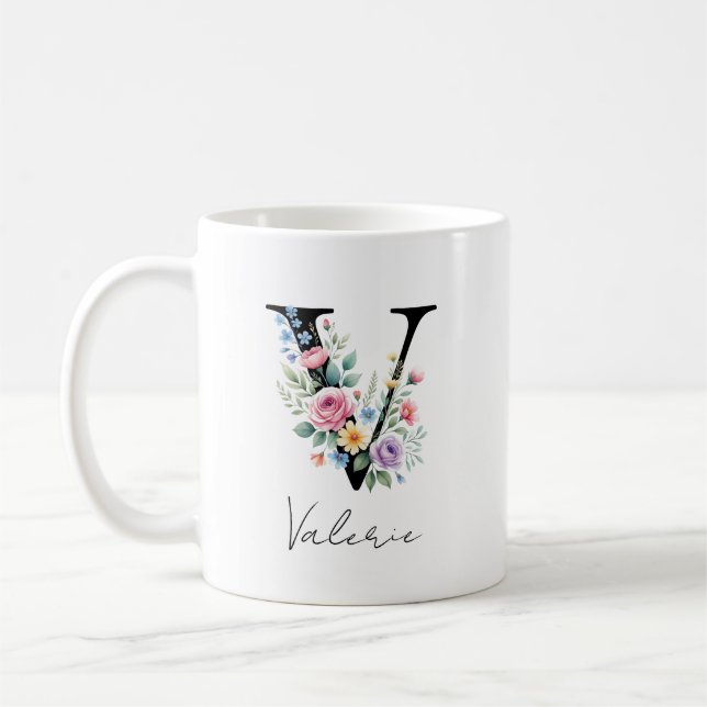 Mug Monogramme floral – Lettre V (Gauche)