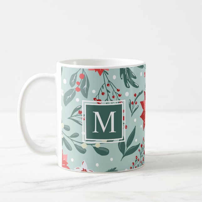 Mug Monogramme floral moderne de Poinsettias et Berrie (Gauche)