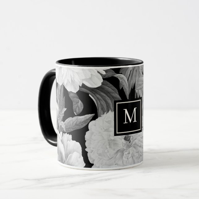 Mug Monogramme floral noir et blanc (Devant gauche)