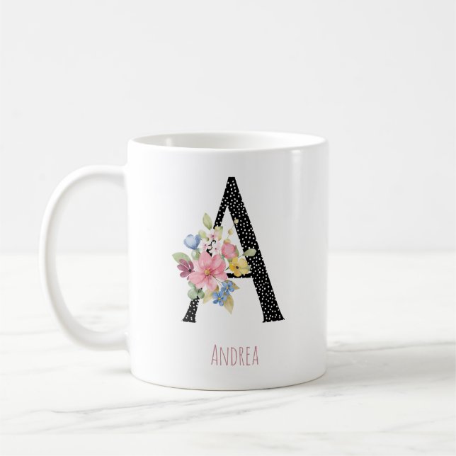 Mug Monogramme Floral Nom A Point Noir  (Gauche)