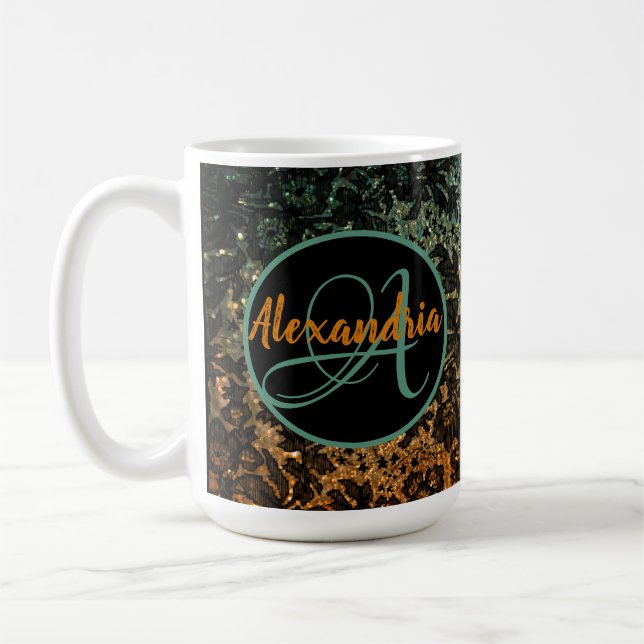 Mug Monogramme floral orange et vert noir (Gauche)