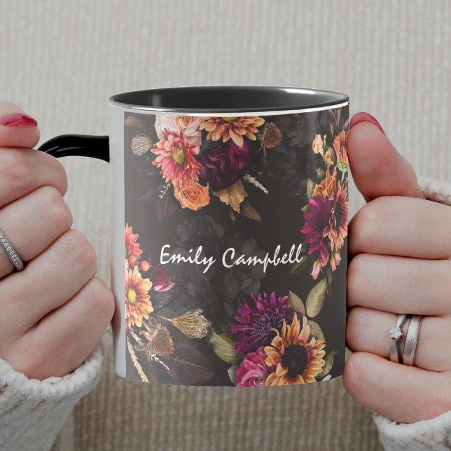 Mug Monogramme floral orange fuchsia élégant (Créateur téléchargé)
