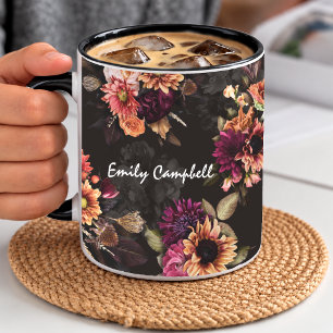 Mug Monogramme floral orange fuchsia élégant