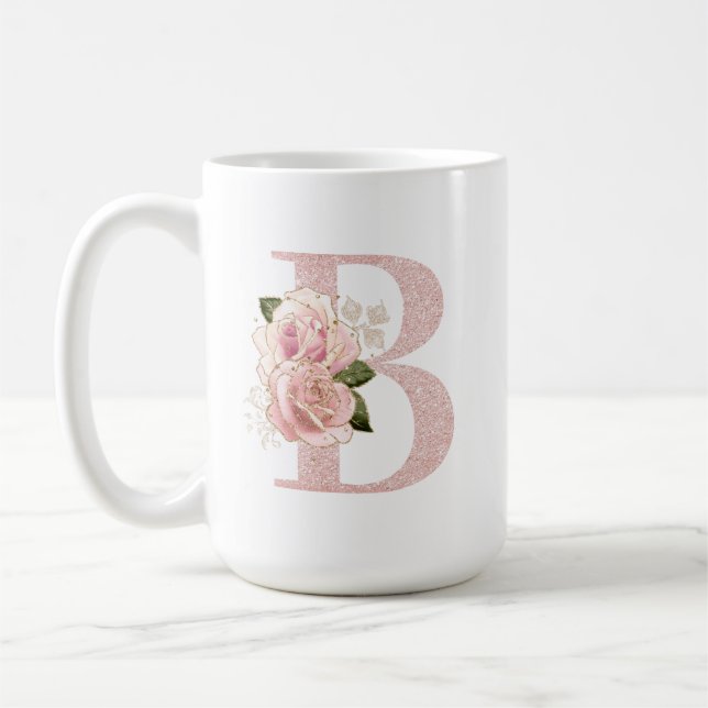 Mug Monogramme floral pailleté or rose girly B (Gauche)