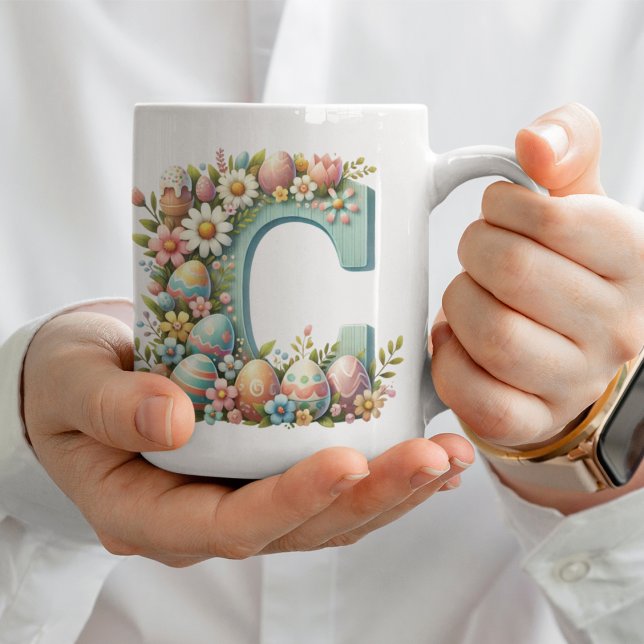 Mug Monogramme floral personnalisé de Pâques avec nom (Créateur téléchargé)