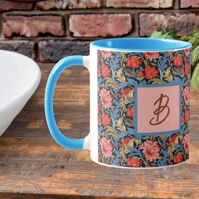 Mug Monogramme Floral Rose Bleu De Style William Morri (Créateur téléchargé)