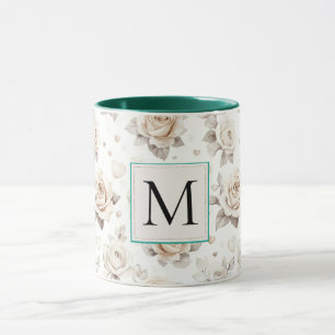 Mug Monogramme floral rose crème romantique