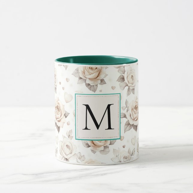 Mug Monogramme floral rose crème romantique (Centre)
