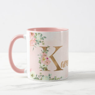 Mug monogramme floral rose K aquarelle avec nom