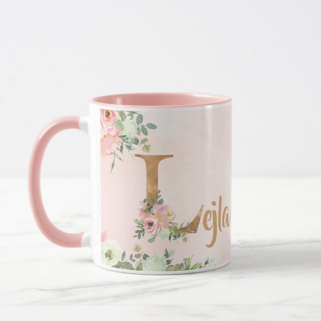 Mug monogramme floral rose L aquarelle avec nom (Gauche)