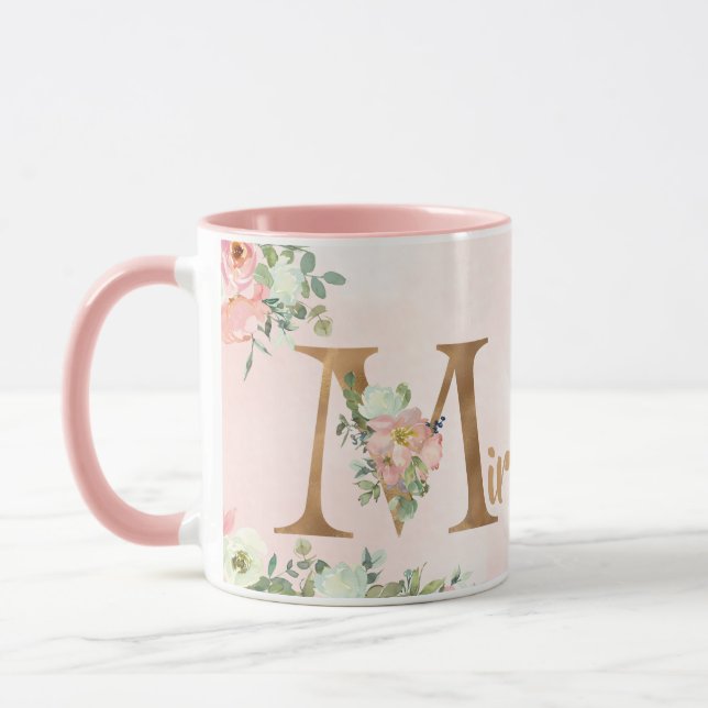 Mug monogramme floral rose M aquarelle avec nom (Gauche)