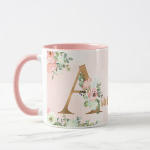 Mug monogramme floral rose Une aquarelle avec nom