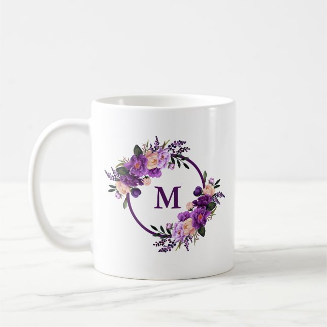 Mug Monogramme floral ultra-violet pourpre d'aquarelle (Gauche)