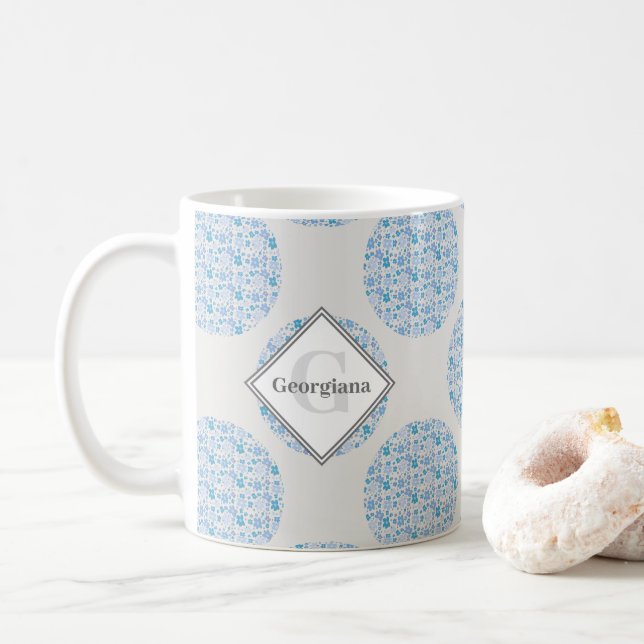 Mug Monogramme Flore rétro Berry Blues Polka Dot (Avec donut)