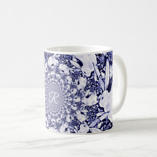 Mug Monogramme fractal lièvre lapin bleu et blanc