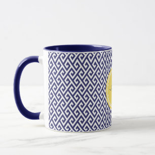 Mug Monogramme géométrique principal grec bleu chic de