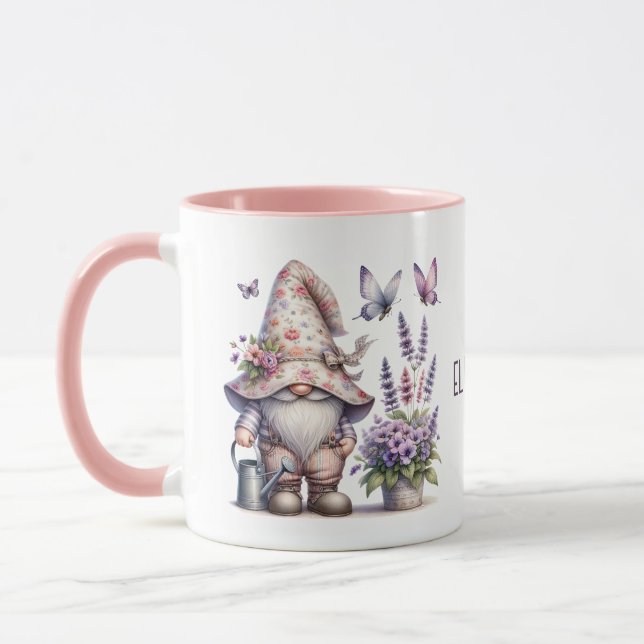 Mug Monogramme Gnome Purple Fleurs roses Papillons (Gauche)