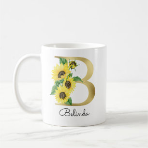 Mug Monogramme Gold Sunflower Girl Floral initial B