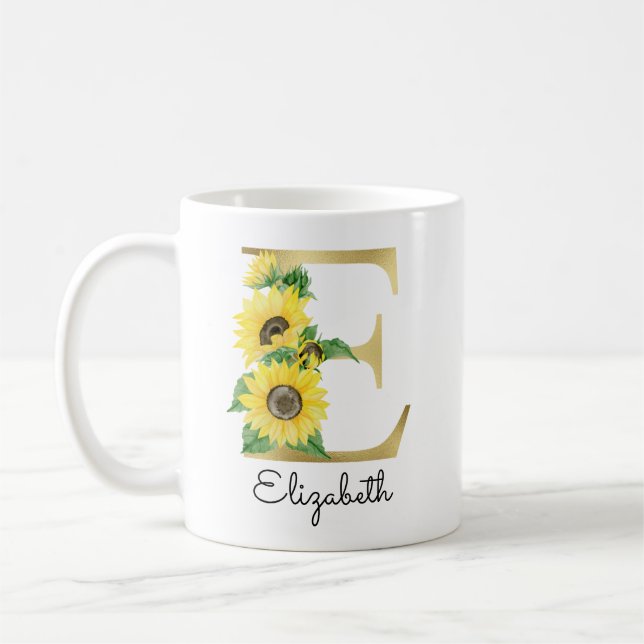 Mug Monogramme Gold Sunflower Girl Floral Initial E (Gauche)