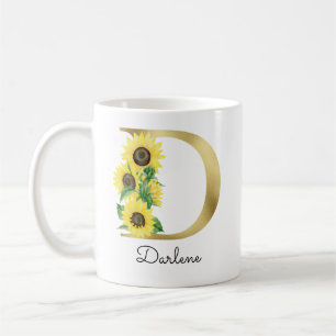 Mug Monogramme Gold tournesol Girl Floral Initial D