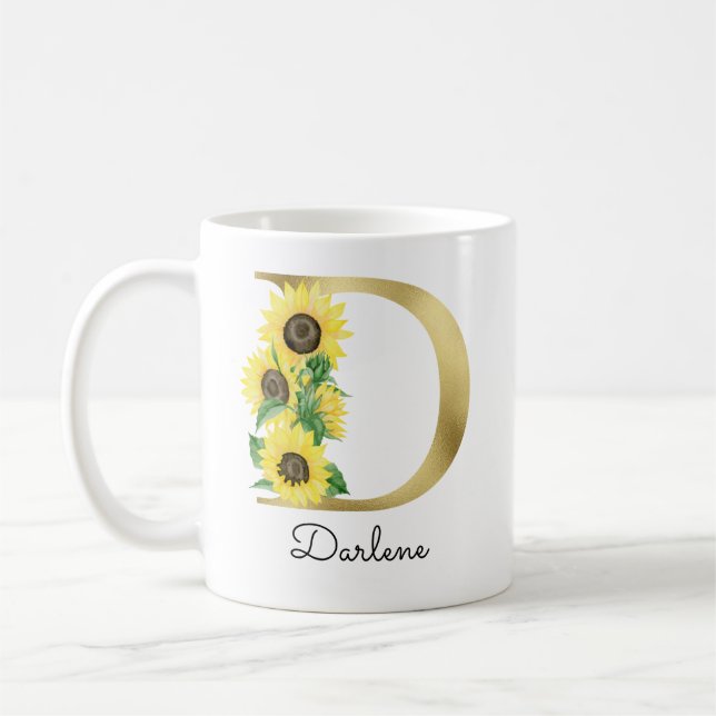 Mug Monogramme Gold tournesol Girl Floral Initial D (Gauche)
