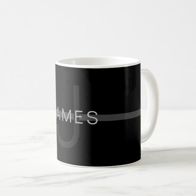 Mug Monogramme gris foncé, nom et bande géométrique (Devant droit)