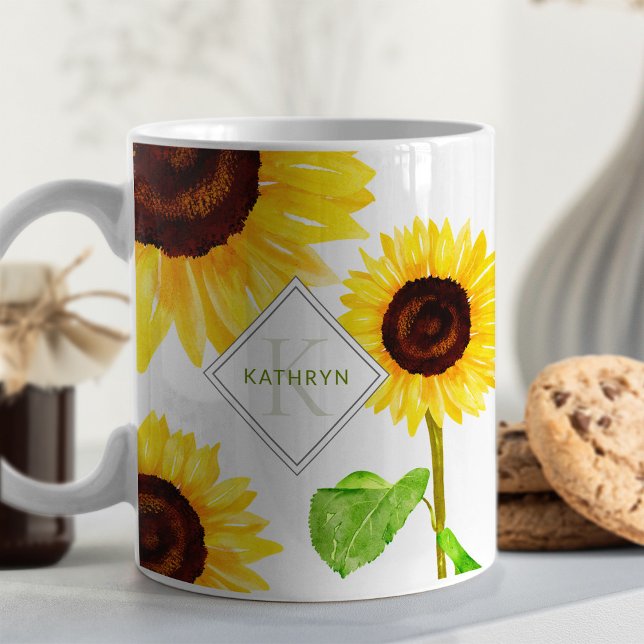 Mug Monogramme Illustré de Tournesols Jaunes (Créateur téléchargé)